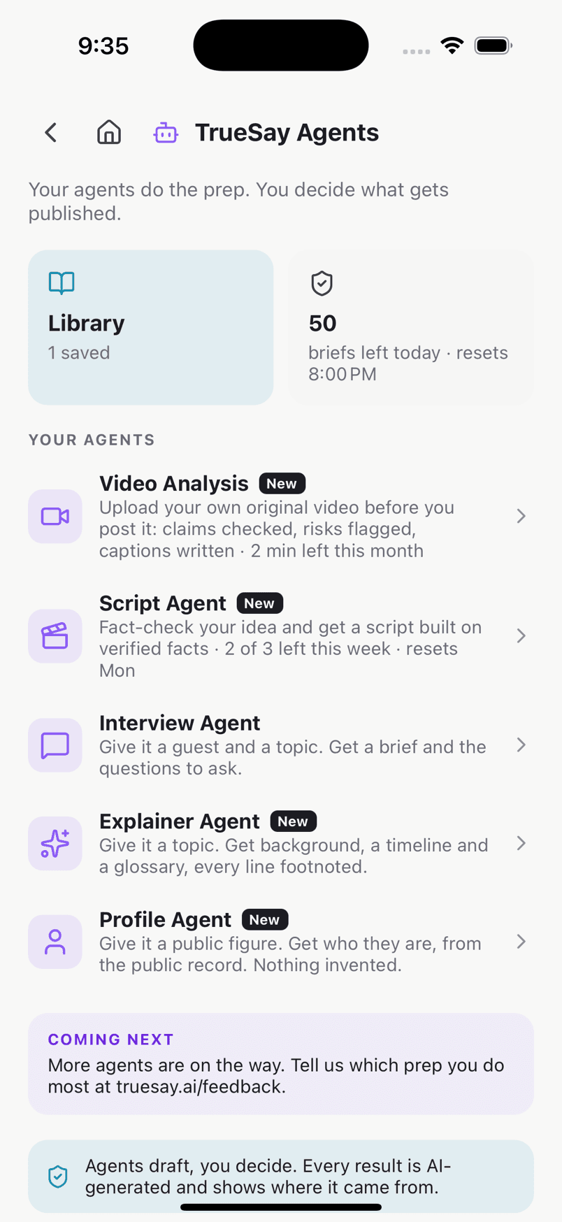 The TrueSay Agents hub in the app, listing Video Analysis, Script Agent, Interview Agent, Explainer Agent and Profile Agent.